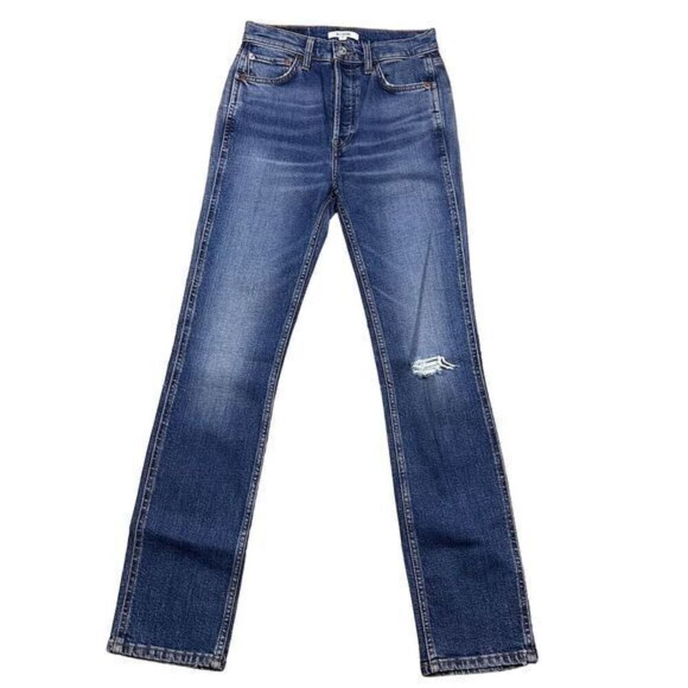 NWT Re/Done Women's 80’s‎ Slim Straight Jeans Size 26 Dark Blue Distressed Denim